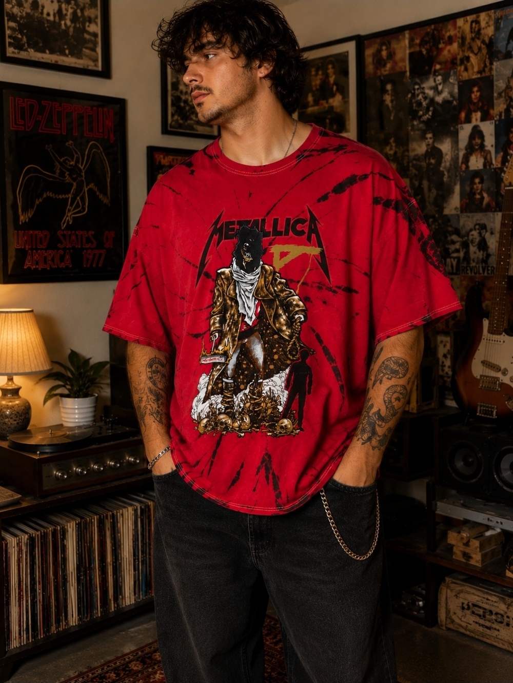 Metallica Bleached Band Tee Red Black Graphic Shirt 3XL Oversized Rock Tee
